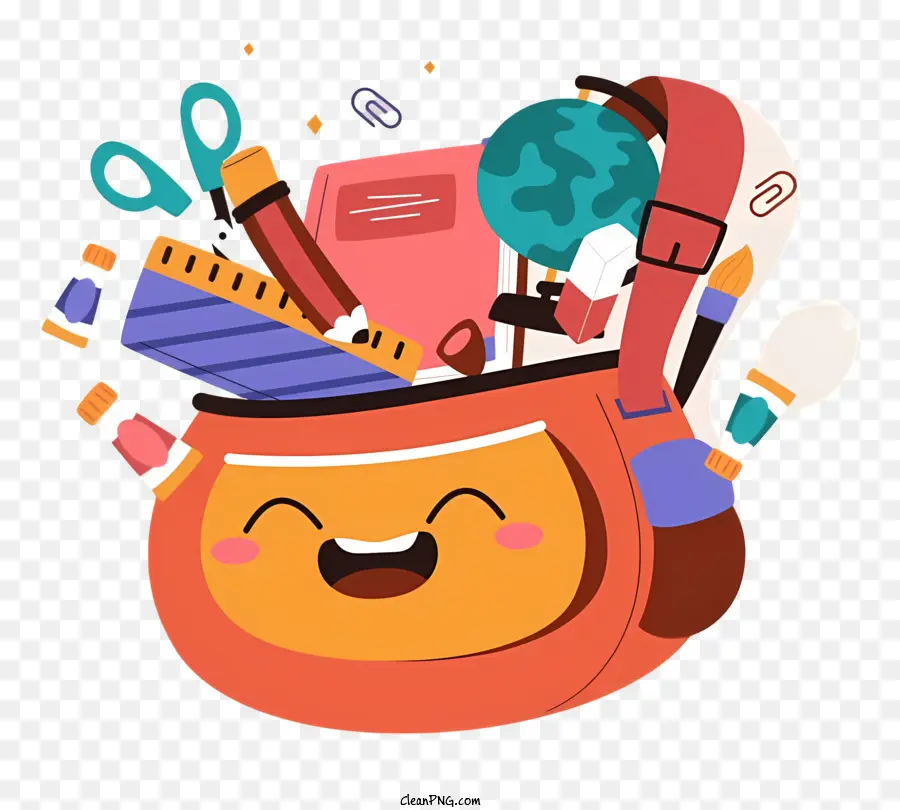 quay lại trường cấp - Ba lô đầy màu sắc chứa đầy đồ dùng học tập, khuôn mặt hạnh phúc