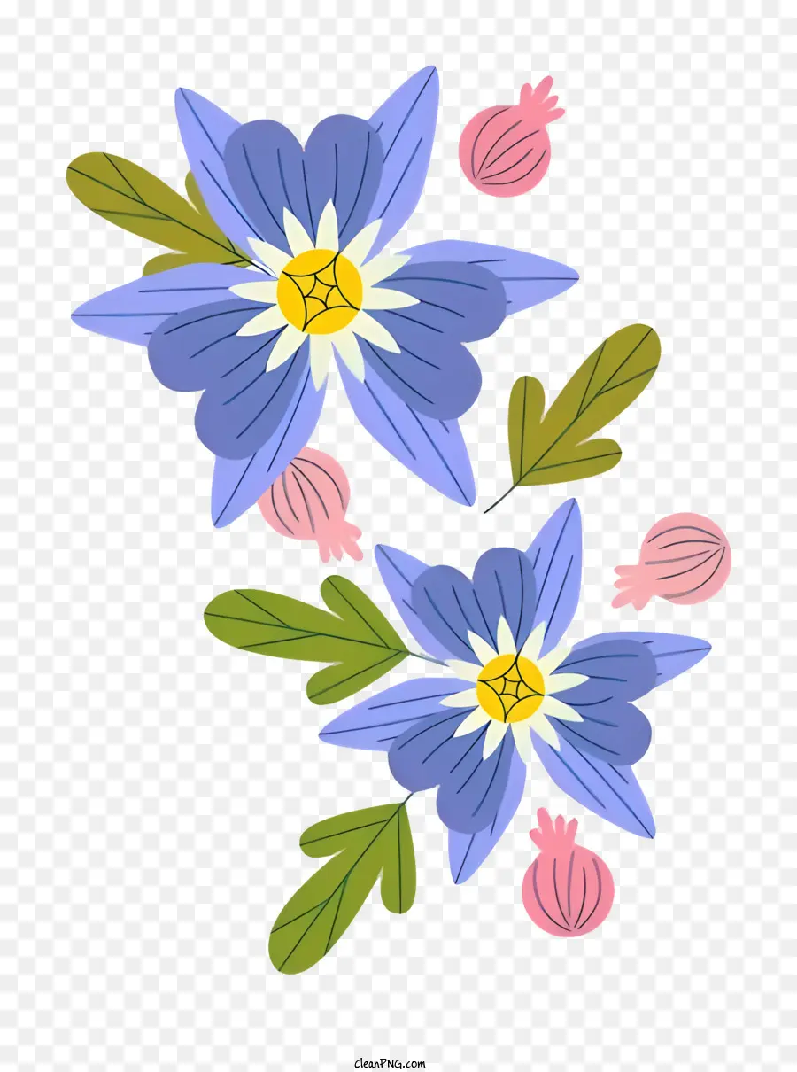 Garten, Blumen - Drei blaue Blüten mit rosa Zentren und Blättern