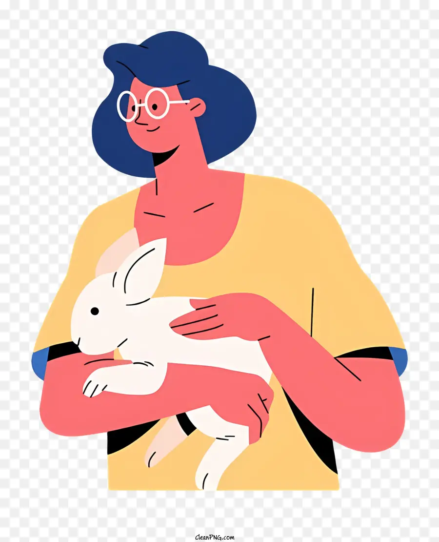 Brille - Cartoonfrau mit Brillenkuscheln weißer Kaninchen
