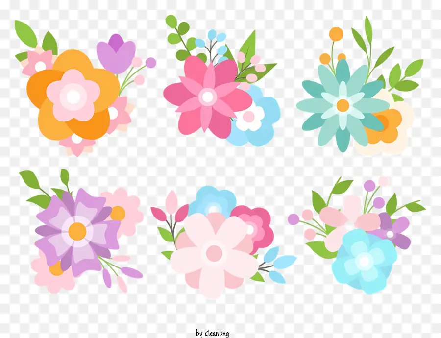 Floral Designs Farben rosa blau grün - Bunte Blumenmuster verschiedener Formen, die auf Schwarz angeordnet sind