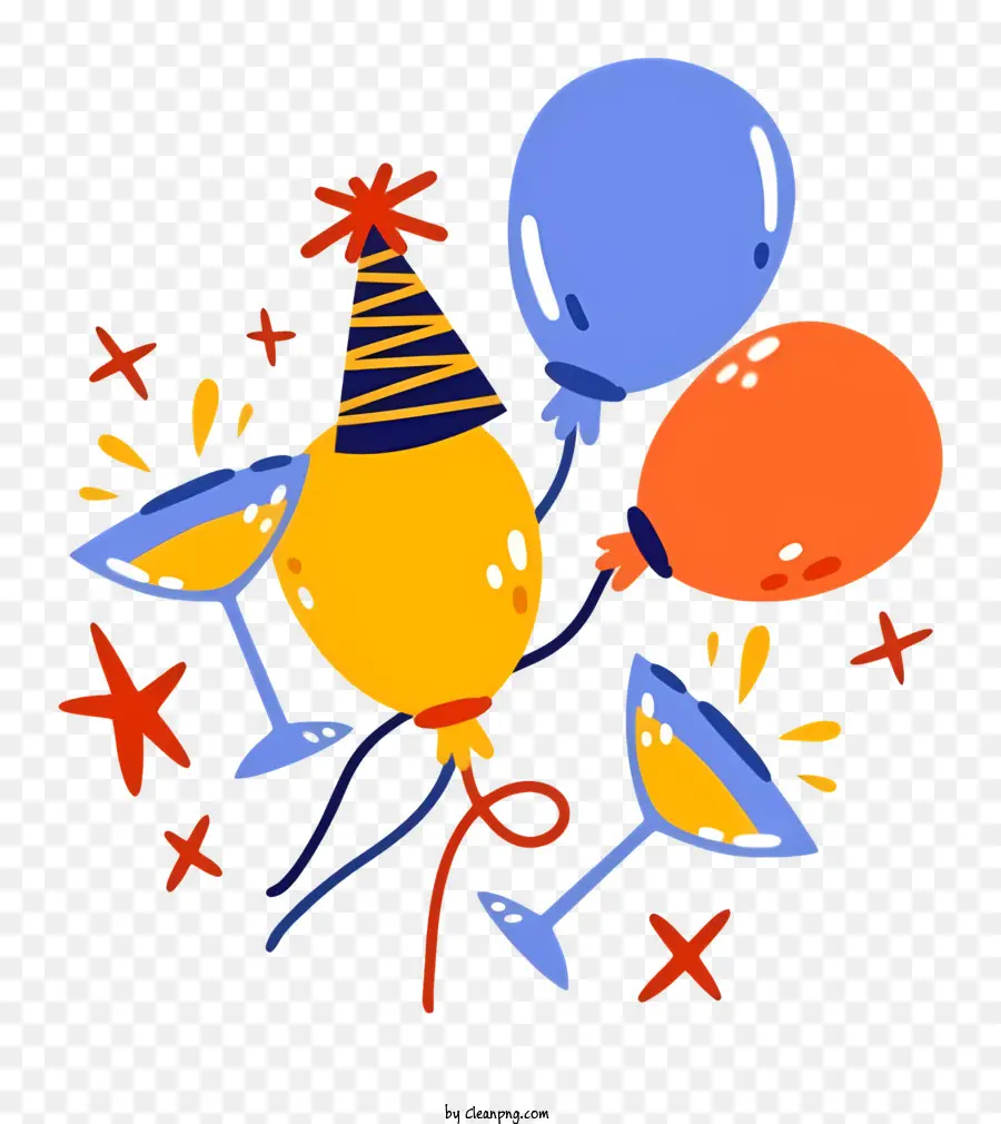 Champagner - Bunte Geburtstagszene mit Luftballons und Champagnergläser