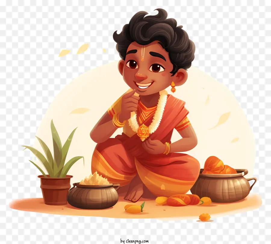 indian man traditional clothing plate of food potted plant smiling