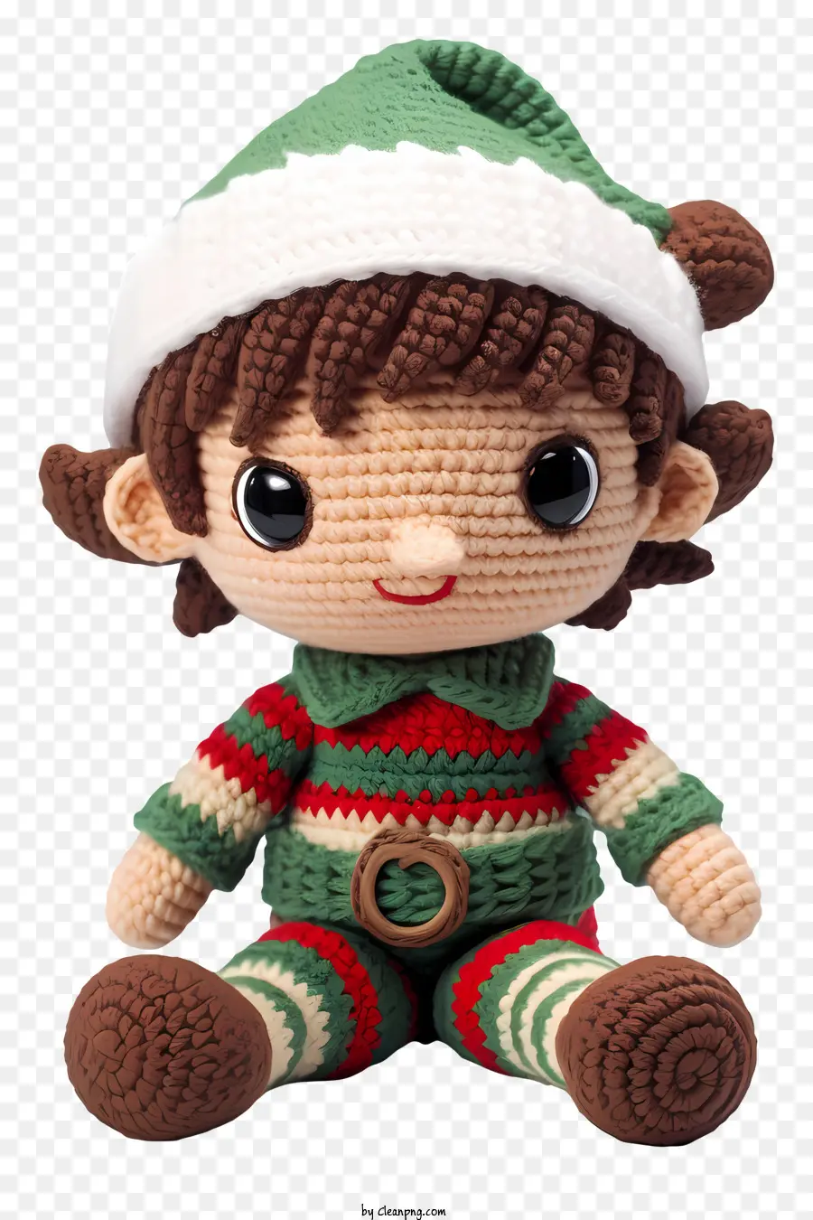 santa claus plush toy red and white hat green and white striped scarf green pants brown boots