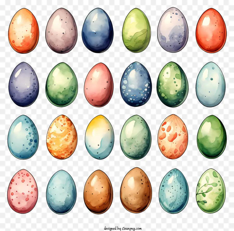 Bunte Eier runde Eier Eier geformte Gegenstände kreisförmige Muster bemalt Eier - Bunte kreisförmige Eier, die auf schwarzem Hintergrund angeordnet sind
