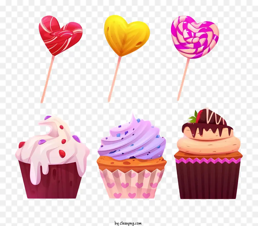 Streusel - Bunte Cupcakes mit Zuckerguss und Streusel auf schwarzem Hintergrund
