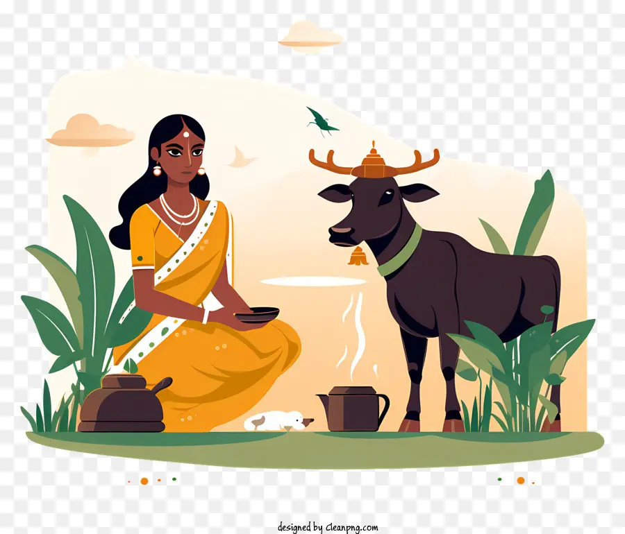 Frau Kuhfeld Tee Bambus Zaun - Frau mit Kuh im Feld hält Tee