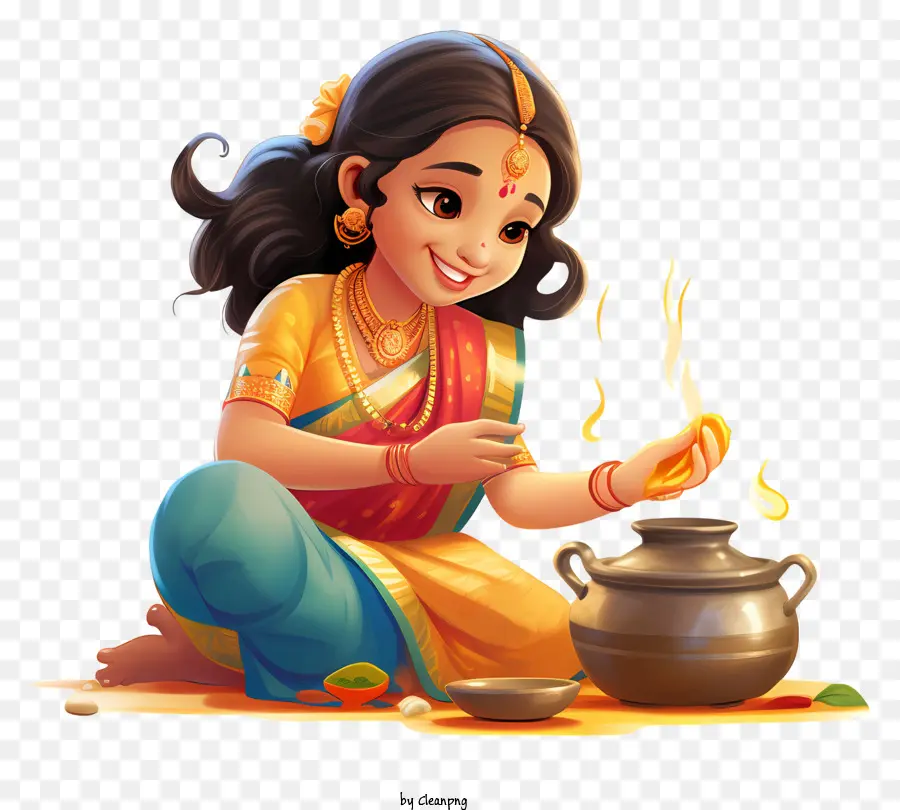 Abbigliamento indiano tradizionale indiano cucina cucina olio ragazza tradizionale - Giovane ragazza indiana che cucina pacificamente il pasto tradizionale