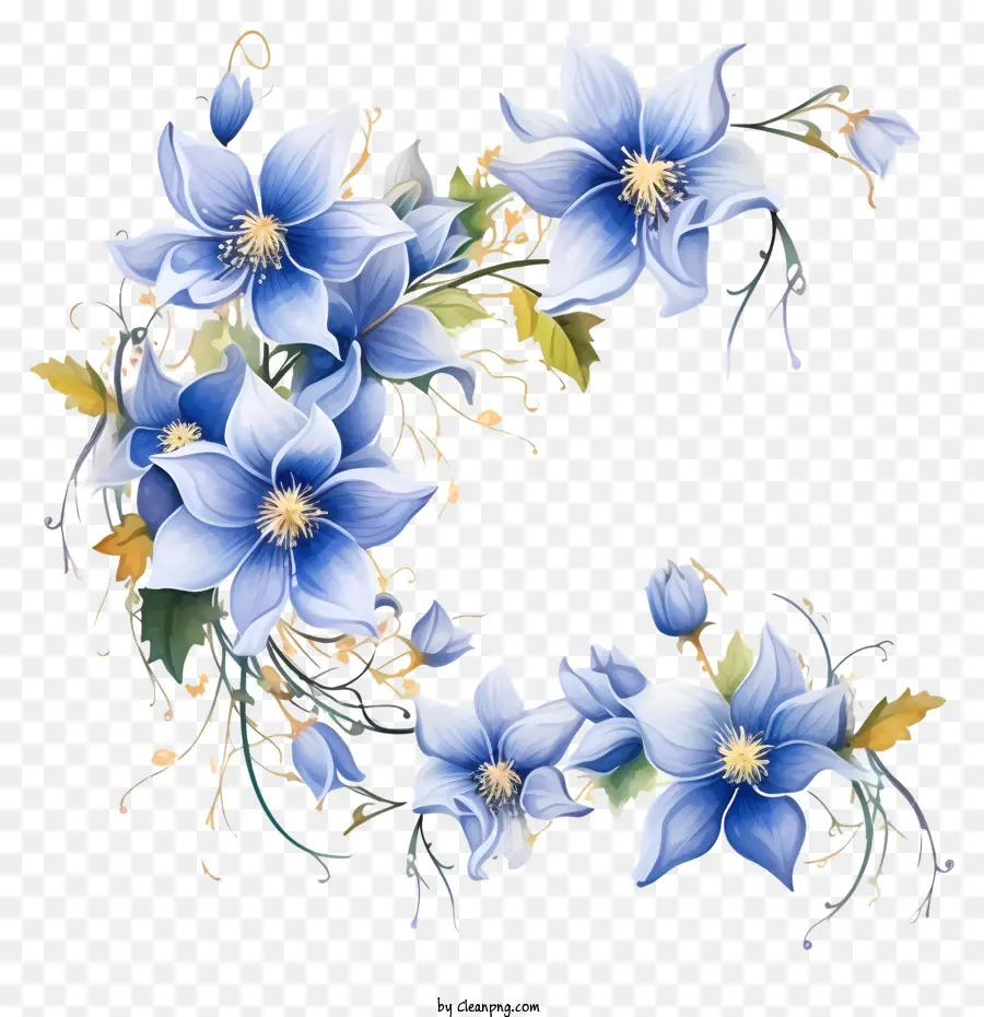 blue flowers circular arrangement wreath long stems petals