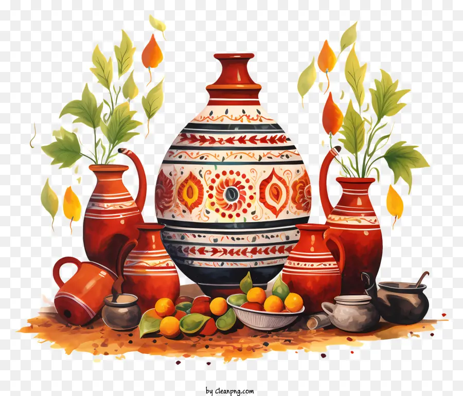 Indische Tassen Red Vase Oranges Terrakotta -Tassen farbenfrohe Muster - Traditionelle indische Tassen und Vase mit Orangen