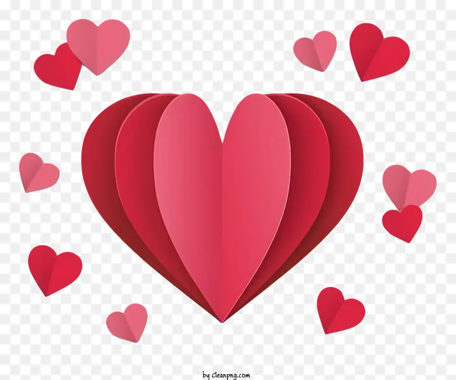 Herzförmige Papierpapierausschnitte rot und rosa Farbschema Symmetrisch Muster schwarzer Hintergrund - Herzförmiges Papierausschnitt auf schwarzem Hintergrund