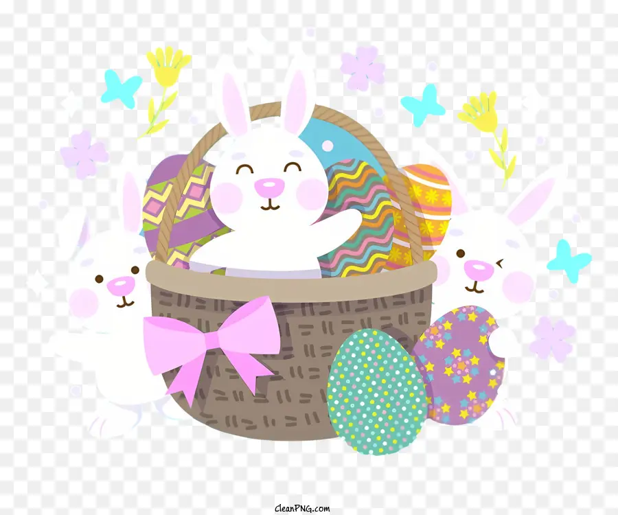 Osterhasen Korb farbenfrohe Eier Blumen - Bunte Osterabbildung mit drei Hasen und Eiern