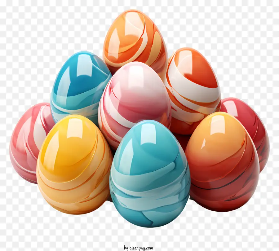 Lackierte Eier farbenfrohe Eier wirbeln Eier lebendige Farben Orangenschattierungen - Farbenfroher, wirbelnder Haufen lebhafter bemalter Eier
