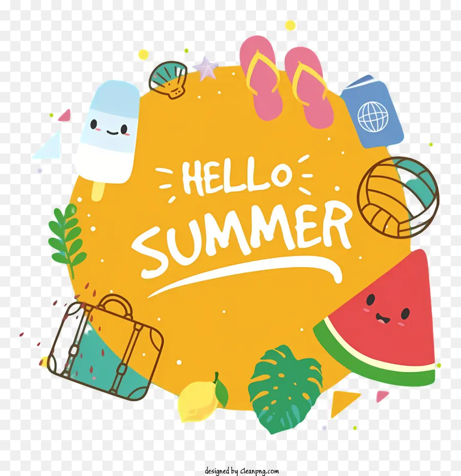 xin chào summer - Áp phích mùa hè đầy màu sắc với kiểu chữ vui tươi và đồ vật