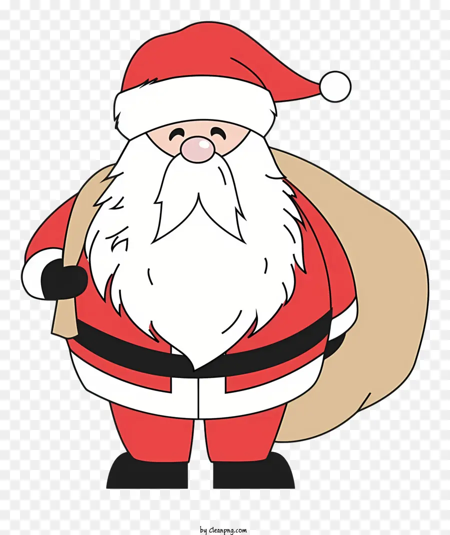 Cartoon Babbo Natale Abito rosso e bianco Cintura nera e stivali Grande sacchetto di regali Bendod Image - Babbo Natale ben disegnato e vibrante con sacchetto traboccante di regali