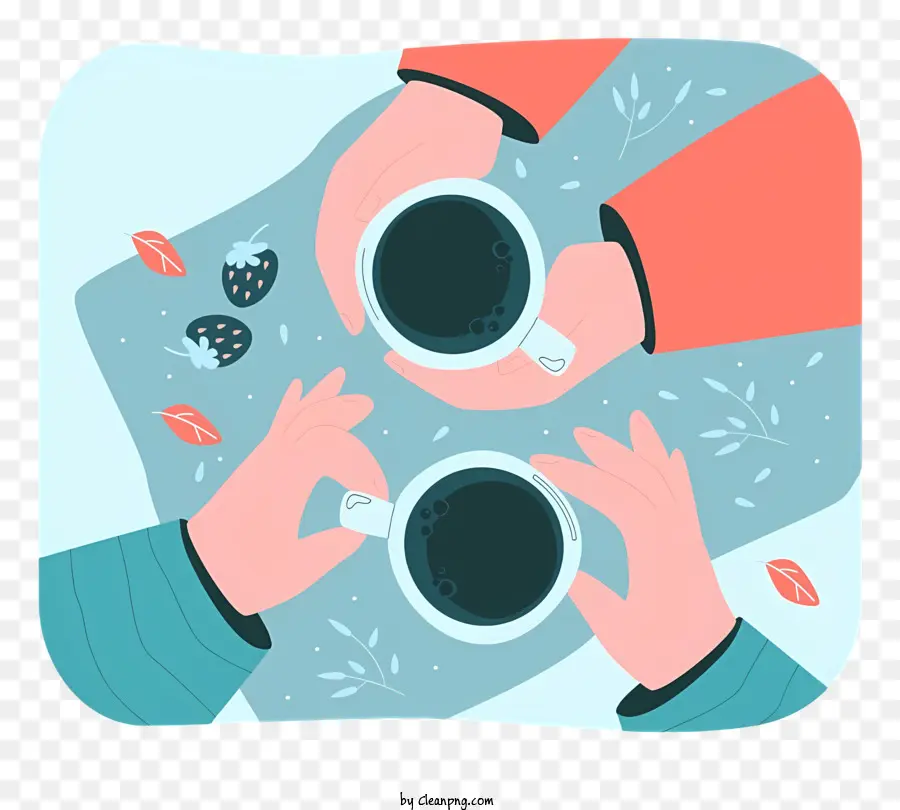 Roter hintergrund - Zwei Leute, die Kaffeetassen in stilisierter, ruhiger Umgebung mit Kaffeetassen halten