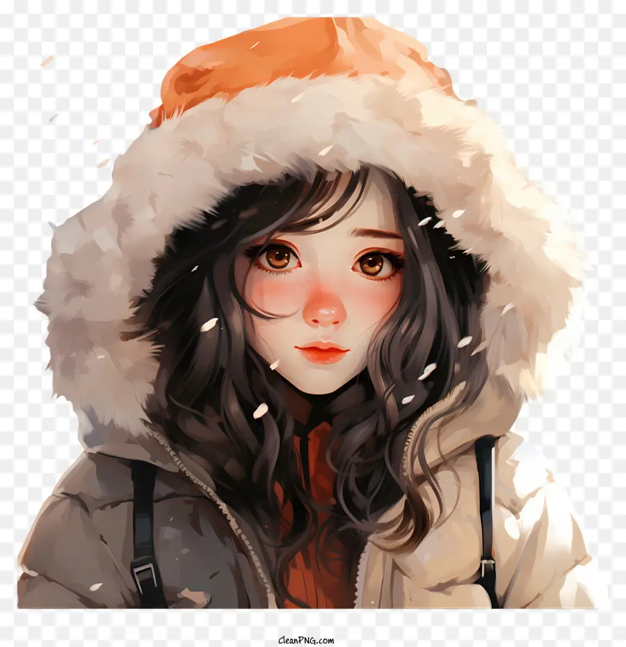 winter fashion snowy landscape white hooded jacket red hat sunglasses
