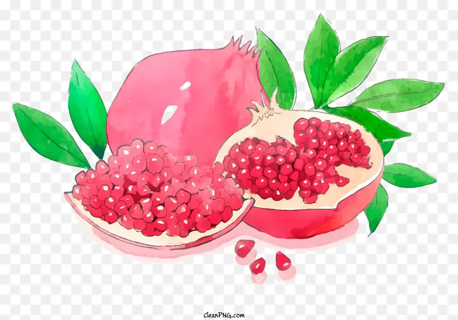 pink pomegranate black background painting fruit green leaves