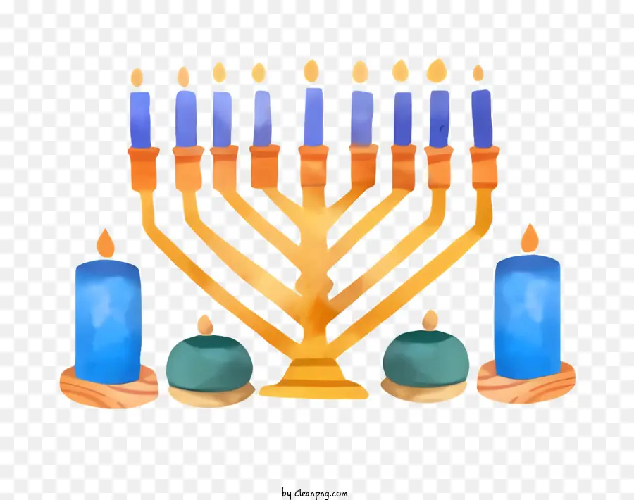 Hanukkah menorah nove candele accese candela scura menorah - Menorah di legno con candele di cera blu, una illuminata
