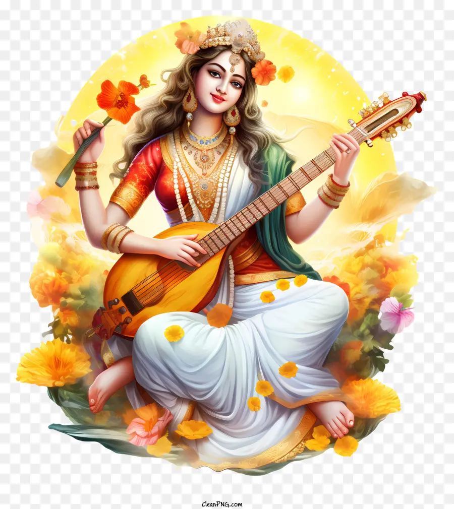 Người phụ nữ với Sitar Trạng thái thiền định biểu hiện thanh thản Sitar Quần áo Ấn Độ truyền thống - Người phụ nữ chơi sitar trong lĩnh vực hoa thanh bình