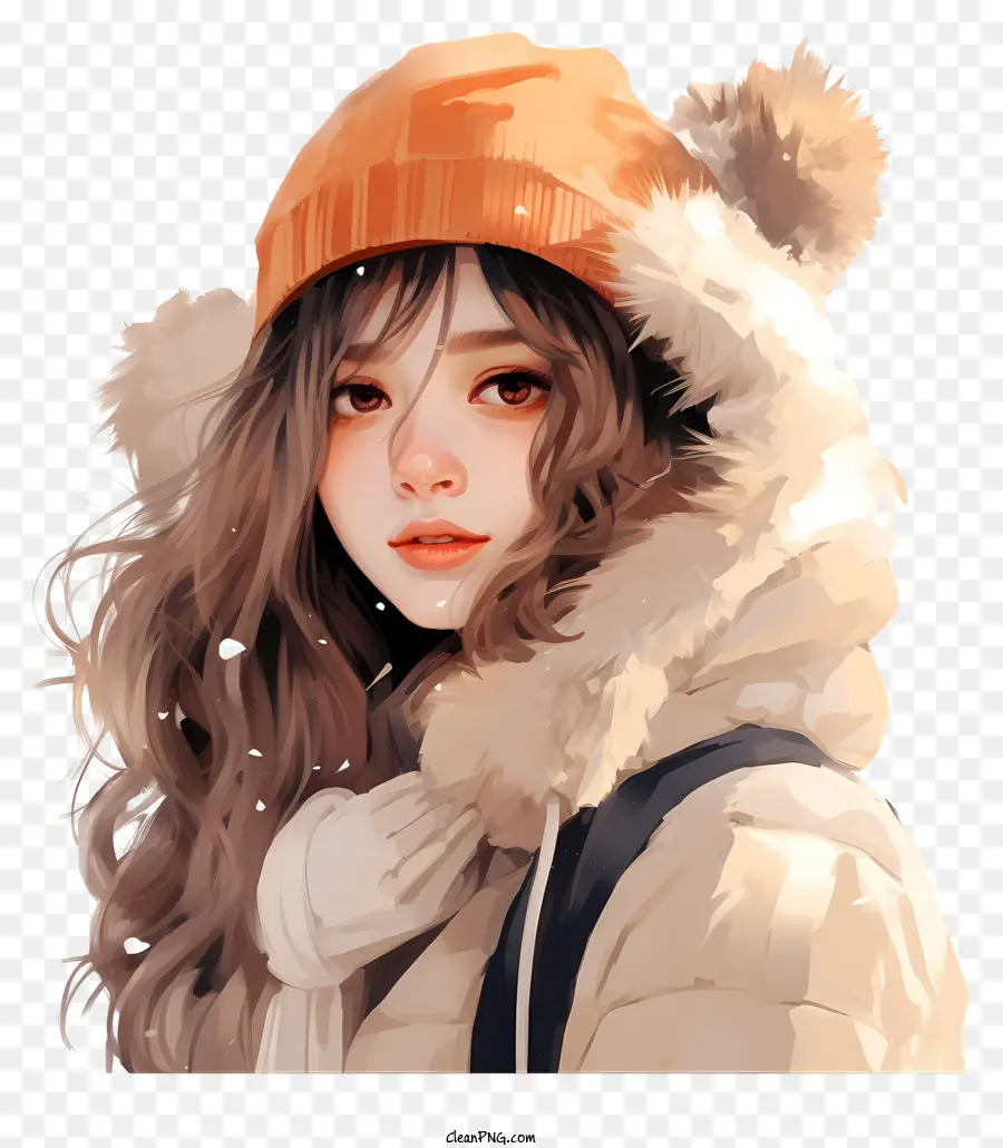 young woman long hair brown coat white hat serious expression