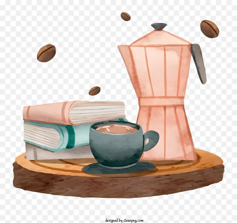 Kaffeebohnen - Kaffeekanne, Buch, Bohnen und Tassen am Tisch