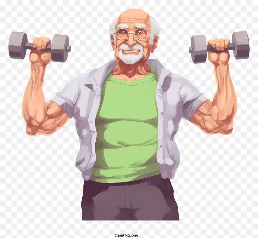 Schlüsselwörter älterer Mann Dumbbells lächeln grünes Hemd - Älterer Mann, der Hanteln in einem Fitnessstudio hebt