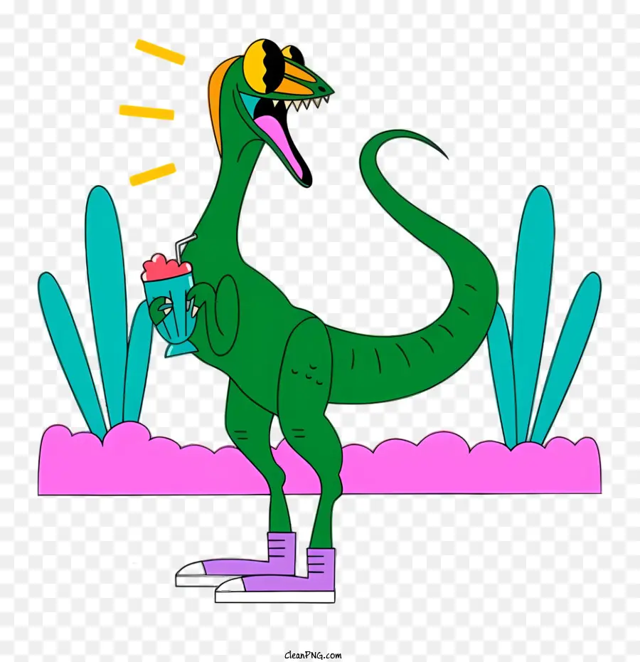 Dinosauro verde Scarpe viola Ice Cente Dinosauro con bocca verde Grande testa rotonda - Dinosauro verde con scarpe viola con gelato