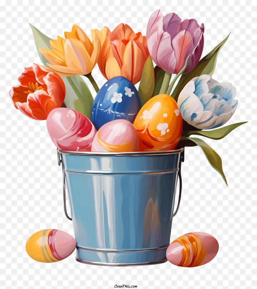 easter eggs blue bucket brightly colored various shades pink eggs