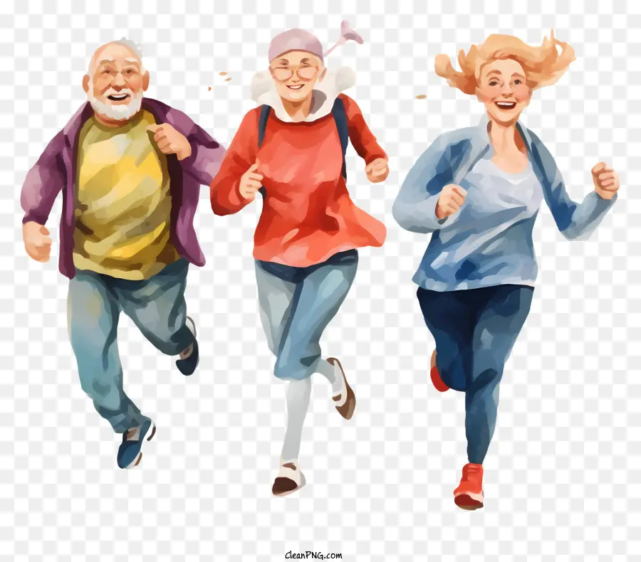 Ältere Menschen, die Senioren leiten, üben fröhliche ältere Aquarellkunst aktivaltern - Drei ältere Menschen, die glücklich rennen und die Hände halten