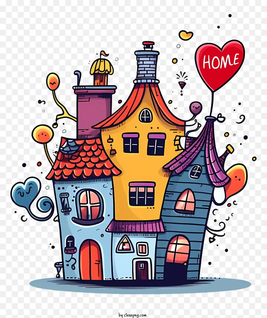 Nhà nhỏ Windows Balcony Chimneys Red Heart - Nhà hoạt hình sôi động, tượng trưng cho tình yêu và sự vui vẻ