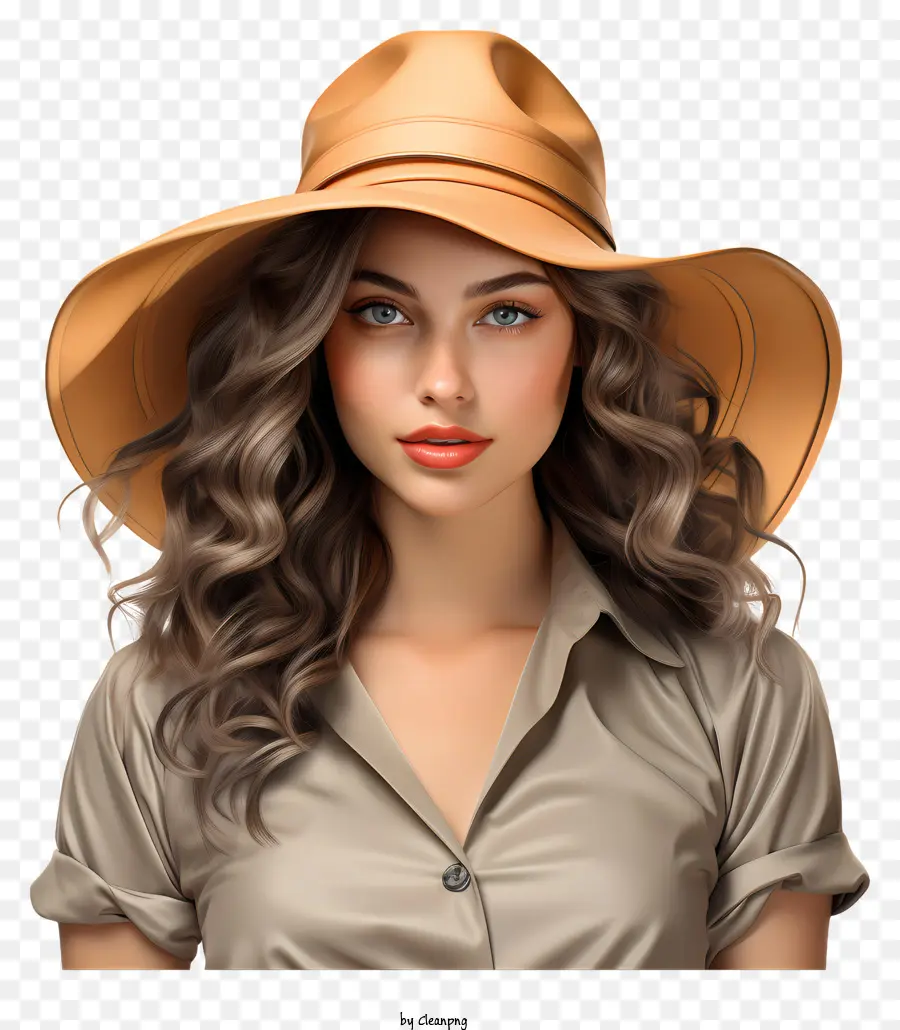 Frauen beige Hemd beige Hut lange Rand Wellenblondes Haare - Frau, die beige Hemd und Hut trägt, blaue Augen