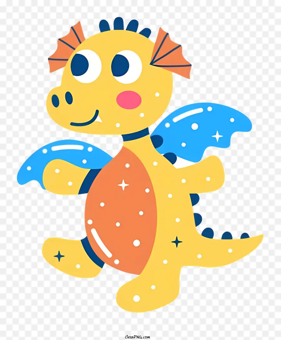 yellow dragon blue spots orange tail blue and yellow hat smiling dragon