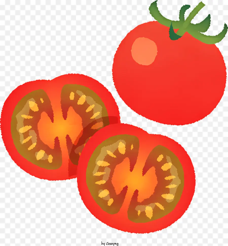 Tomaten geschnittene Tomaten rote Tomaten grüne Blätter Tomatenhälften - Zwei halbierte Tomaten gestapelt, mit grünen Blättern