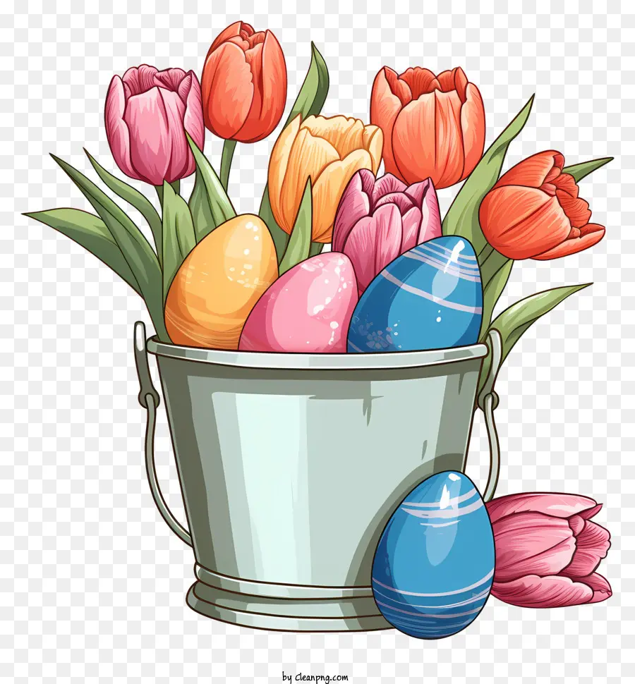 tulips bouquet flowers eggs metal bucket