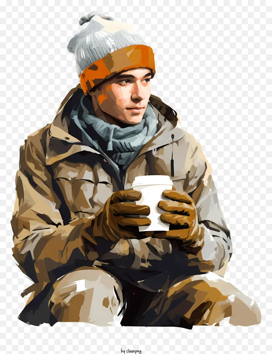Tasse Kaffee - Mann in Winterkleidung genießt kaffee friedlich