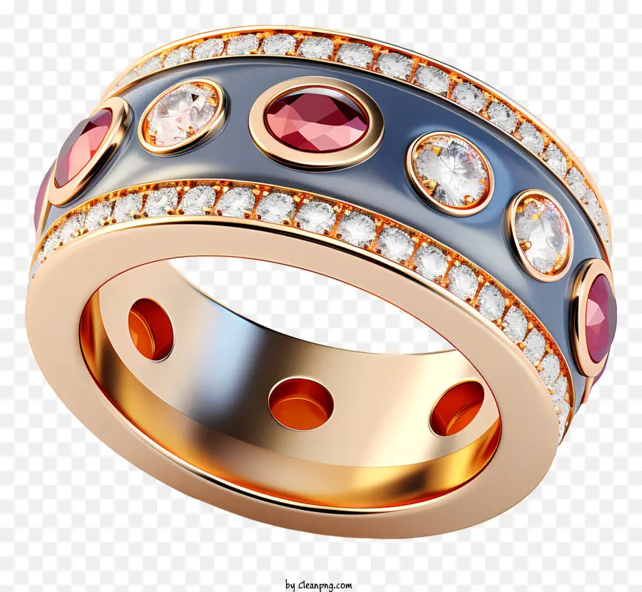 anello di nozze - Pietra centrale rotonda, baguette e pietre del lato rotondo, fascia divisa