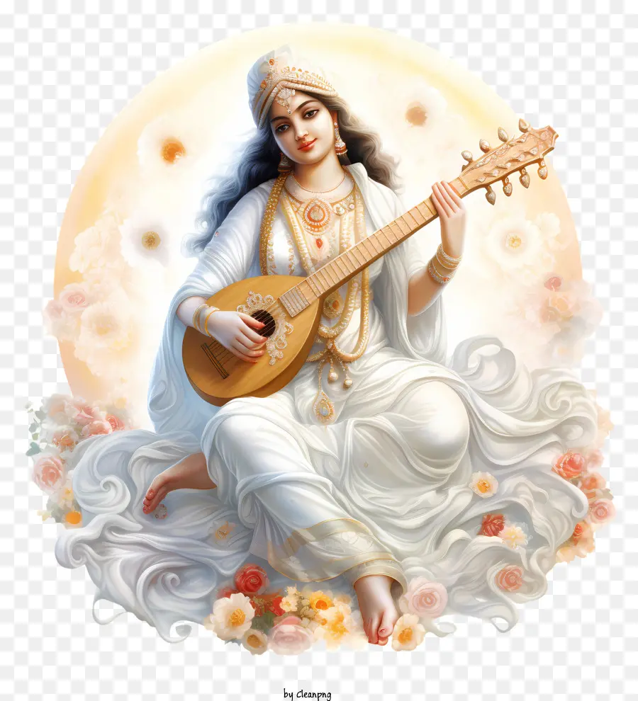 Nữ nhân nghệ mặt trăng nền Veena nhạc cụ Ấn Độ Veena biểu cảm nhẹ nhàng - Người phụ nữ thanh bình chơi Veena Ấn Độ trên nền ánh trăng