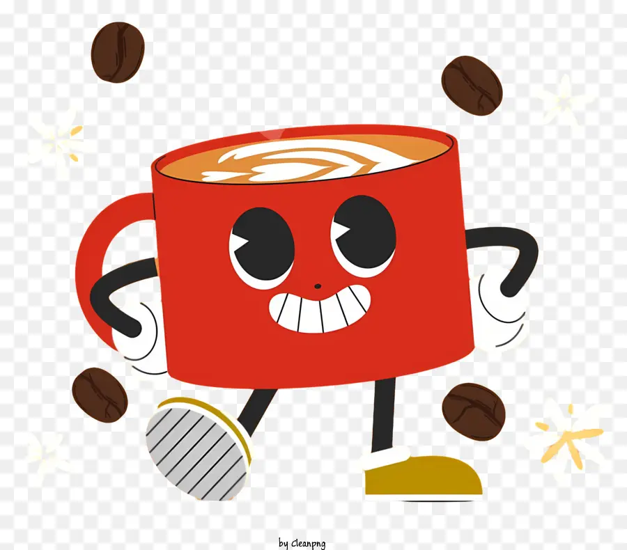 süße Cartoon Kaffee Tasse Cartoon Gesicht auf Kaffeetasse Kaffeetasse mit lächelnden Augen Cartoon Kaffeetasse mit Bohnen Kaffeetasse mit Cartoon Gesicht - Süße lächelnde Kaffeetasse von Bohnen umgeben