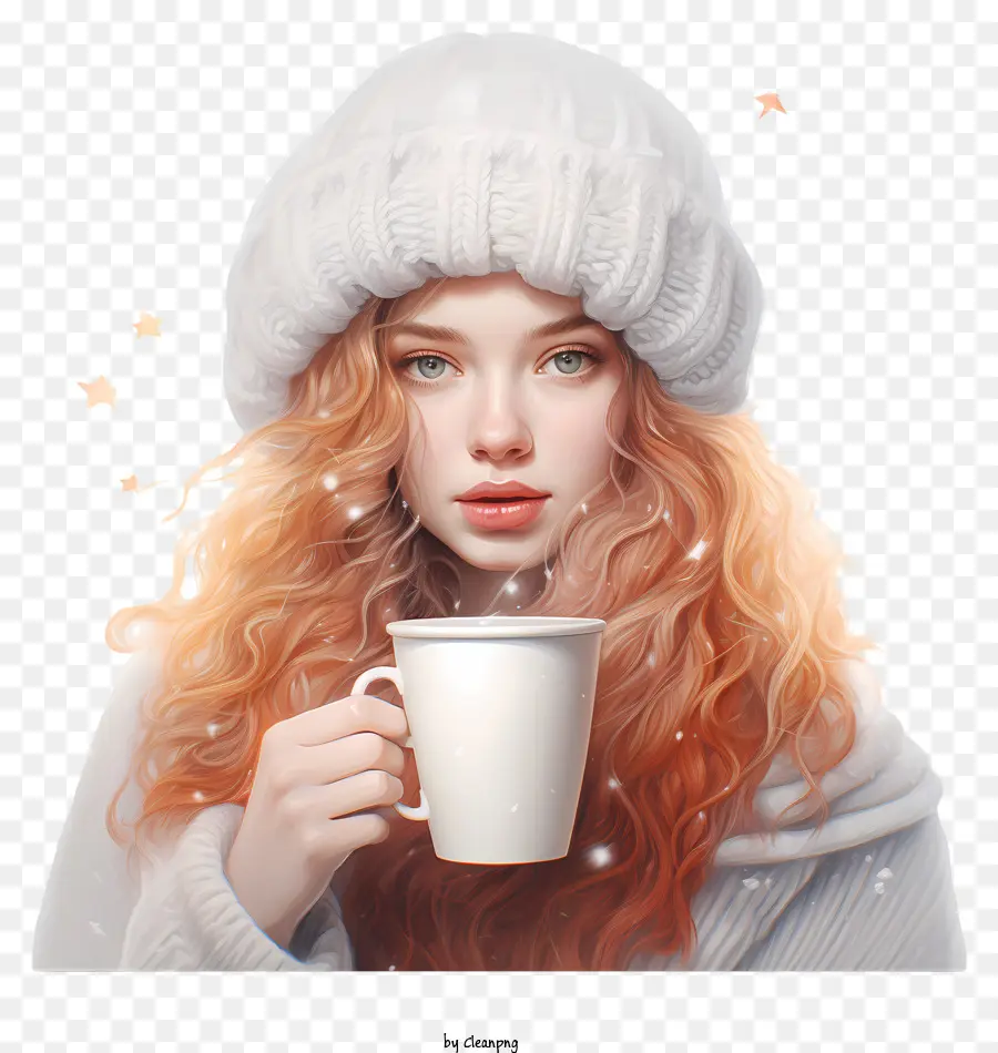 Tasse Kaffee - Rothaarige Frau im weißen Pullover hält Kaffee