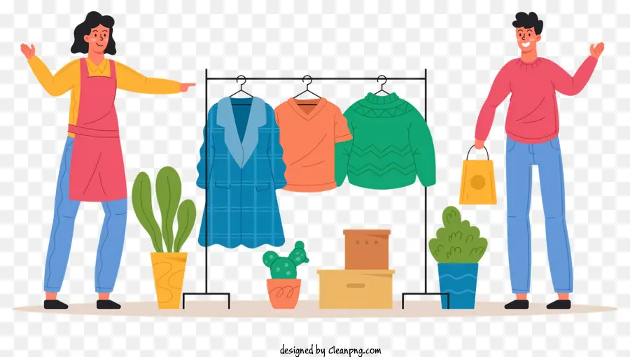 Damenbekleidung Mode Shopping Wäscheleine Kleidungsständer - Modeeinkaufsszene mit Kleidung, Taschen und Pflanzen
