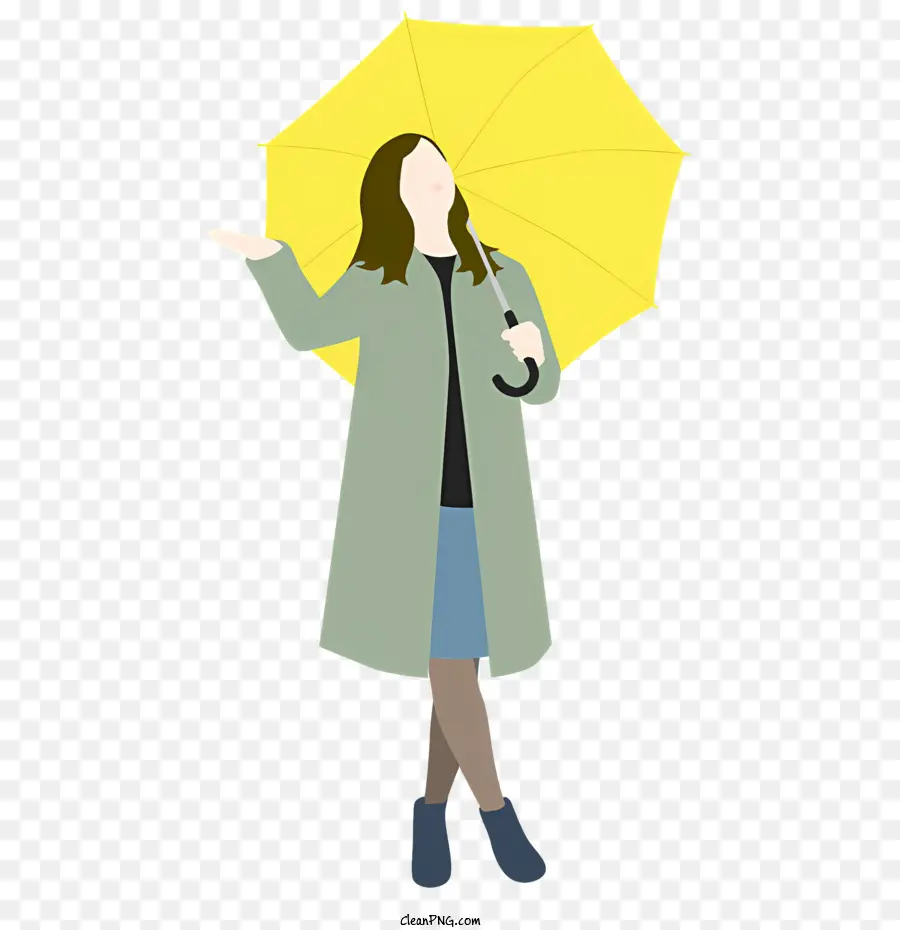 woman yellow raincoat sky dark pants brown boots