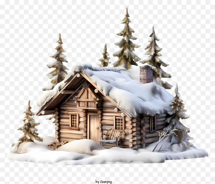 small wooden cabin snow-covered ground snow-covered roof small front porch tall trees