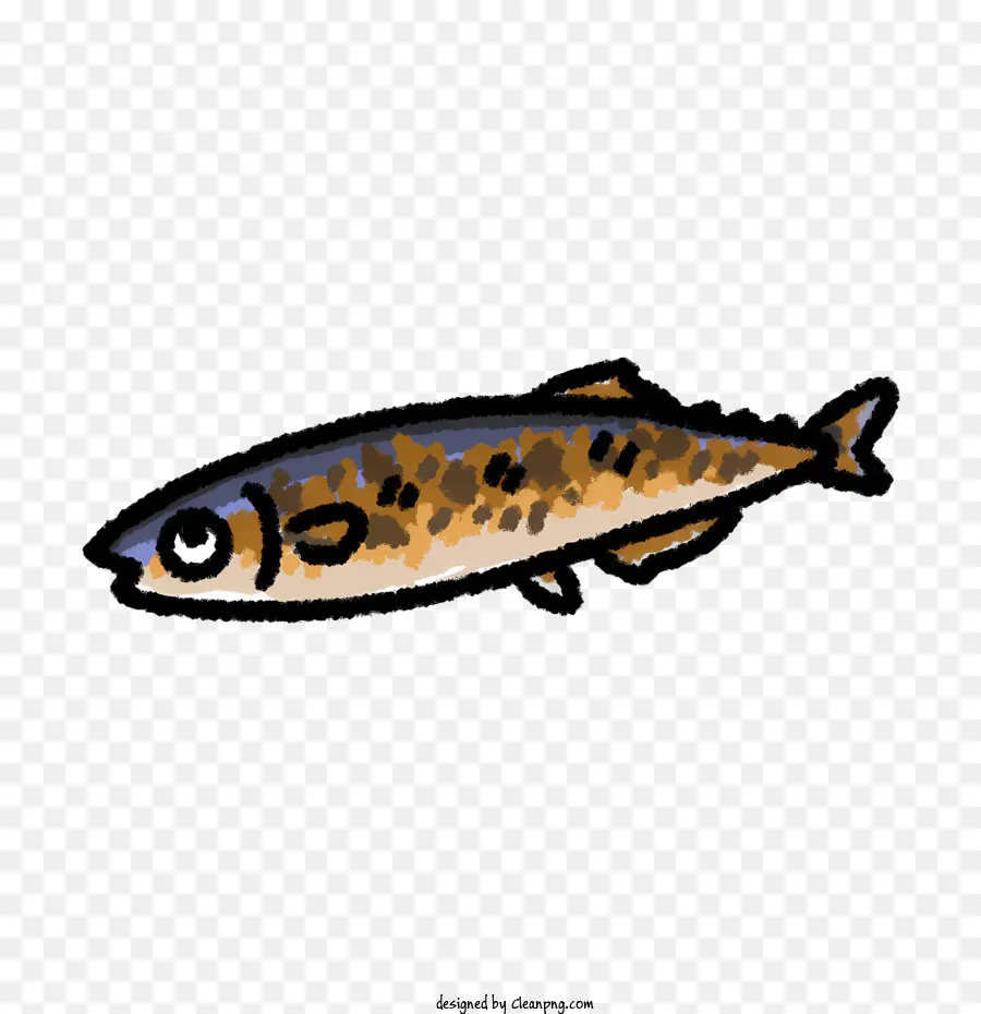 Cartoon Fisch mit Punkten für Augen gebogener Mundfisch Fisch mit schwanzbraunen Fischen mit Flecken - Zeichentrickfisch mit braunem Körper und schwarzen Flossen