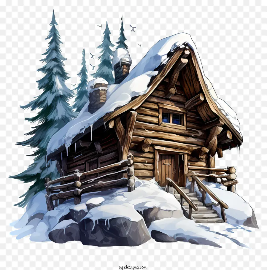 Pinien - Darstellung der Blockhütte von Schnee umgeben