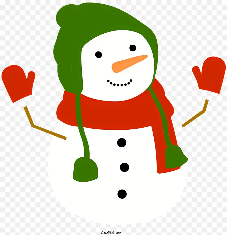 Pupazzo di neve - Snowman in abbigliamento rosso e verde, posa vittoriosa