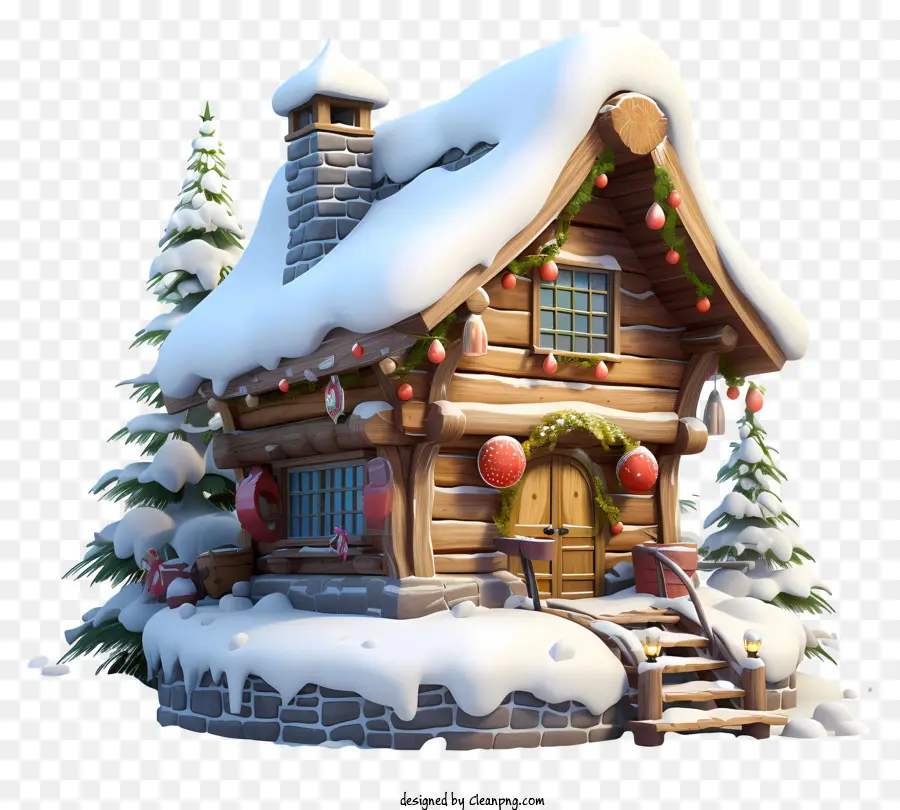 Weihnachtsdekoration - Gemütliches Holzhaus mit Weihnachtsdekorationen und Schnee
