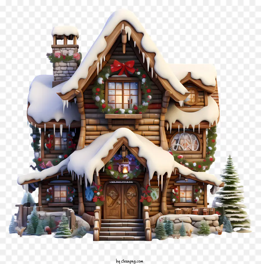 Weihnachtsdekoration - Schneebedeckter Holzhaus für Weihnachten dekoriert