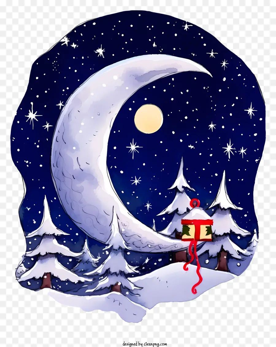Luna crescente - Scena notturna nevosa digitale con Crescent Moon