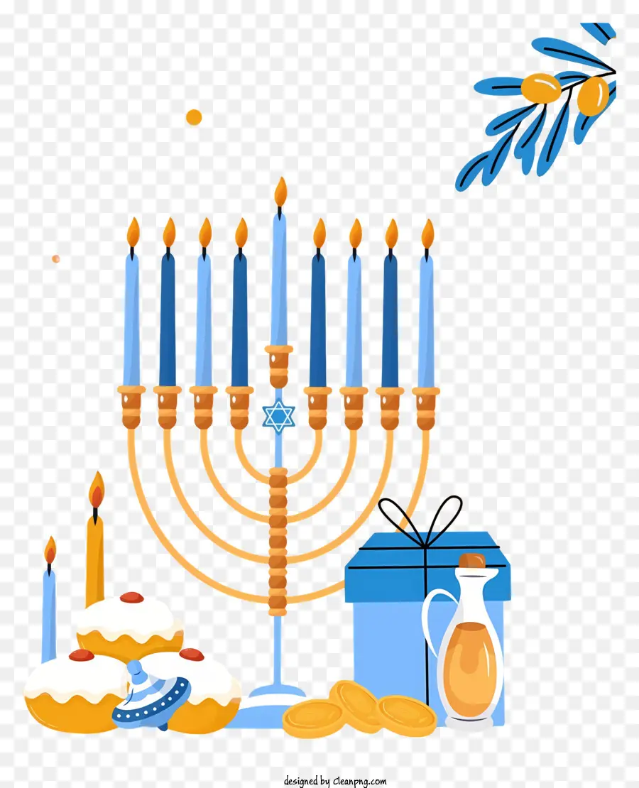 hanukkah display candles blue candle holders dark blue wrapping paper blue and white sky