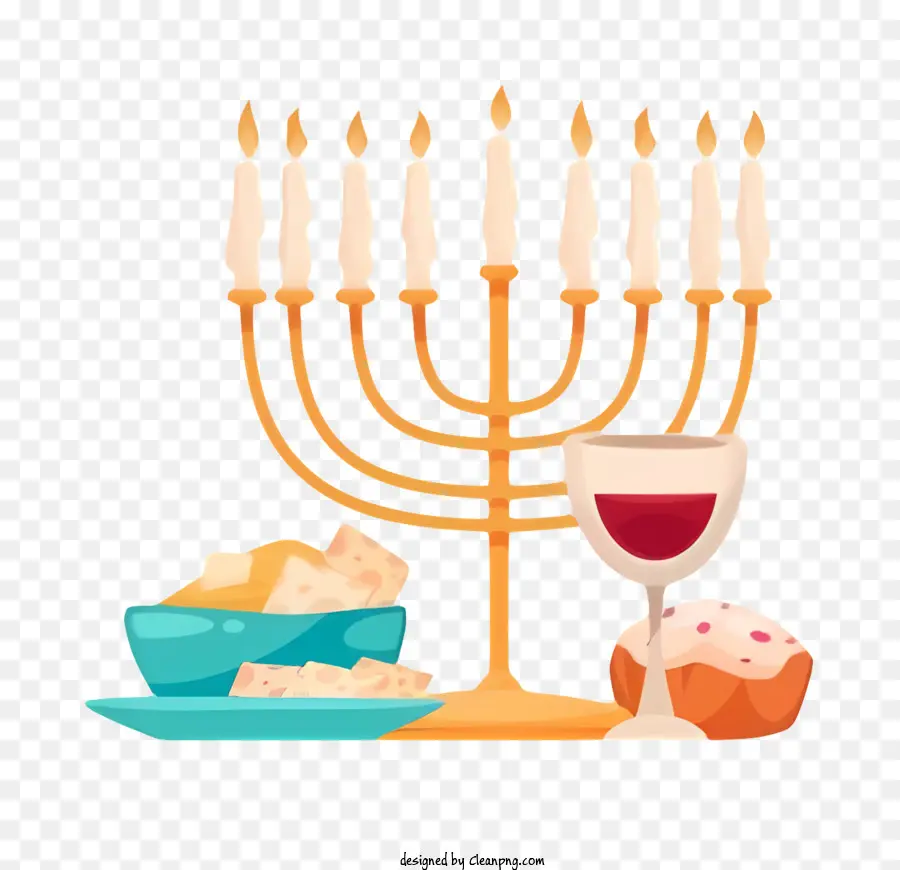 hanukkah - Celebrazione delle vacanze ebraiche con menorah, challah e vino
